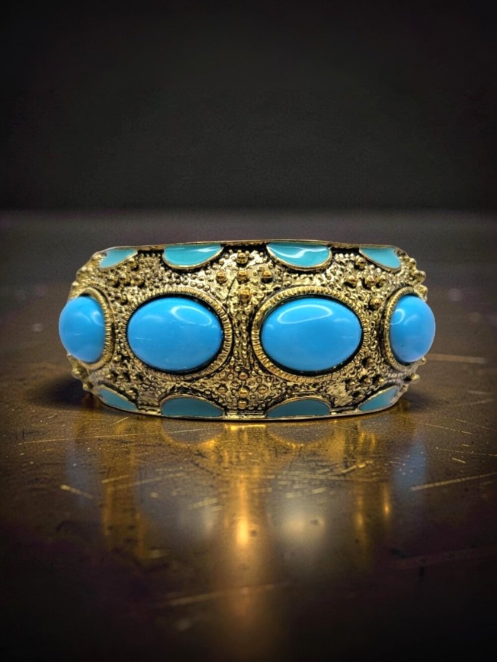 Gold & Turquoise Cabochon Bangle Bracelet